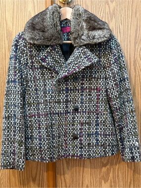 OZOC Vintage Multi-Color Tweed Pea Coat with Removable Faux Fur Collar